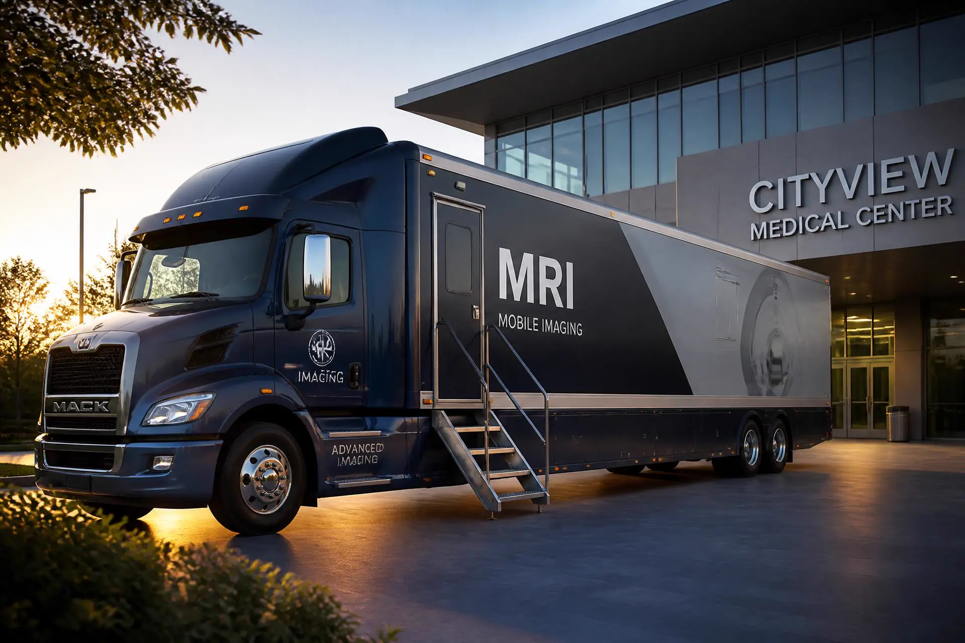 Modern mobile MRI/CT coach parked at a hospital